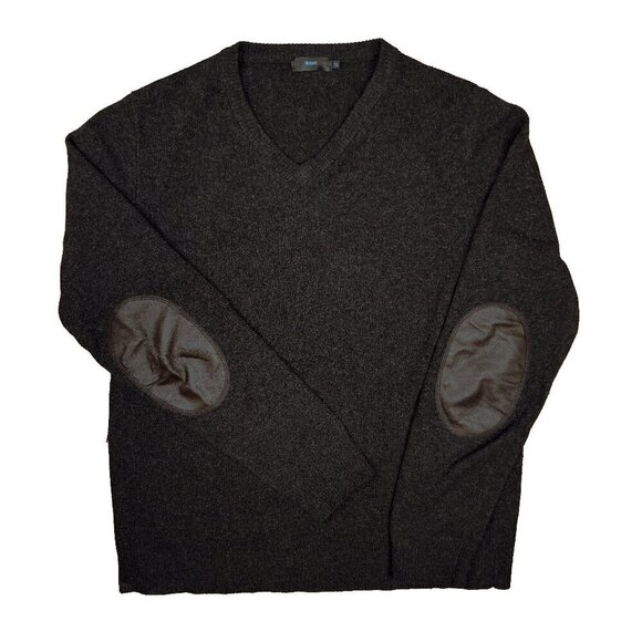 Filippa K Lambswool V-Neck Long Sleeves Leather Patched Elbows Black Sweater s L - Picture 1 of 4